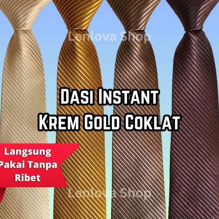 Dasi Instant Krem Gold Coklat Polos Salur Formal/Kerja/Pernikahan/Ujian/Wisuda/Pesta