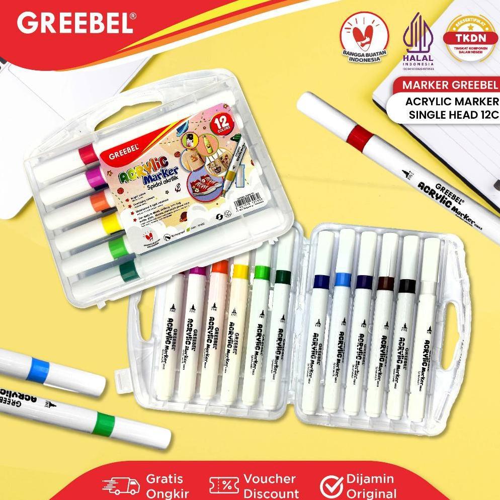 GREEBEL Spidol Warna Warni 1 Set / Spidol Marker Acrylic Single Head (12 Warna) / Spidol Warna / Ske