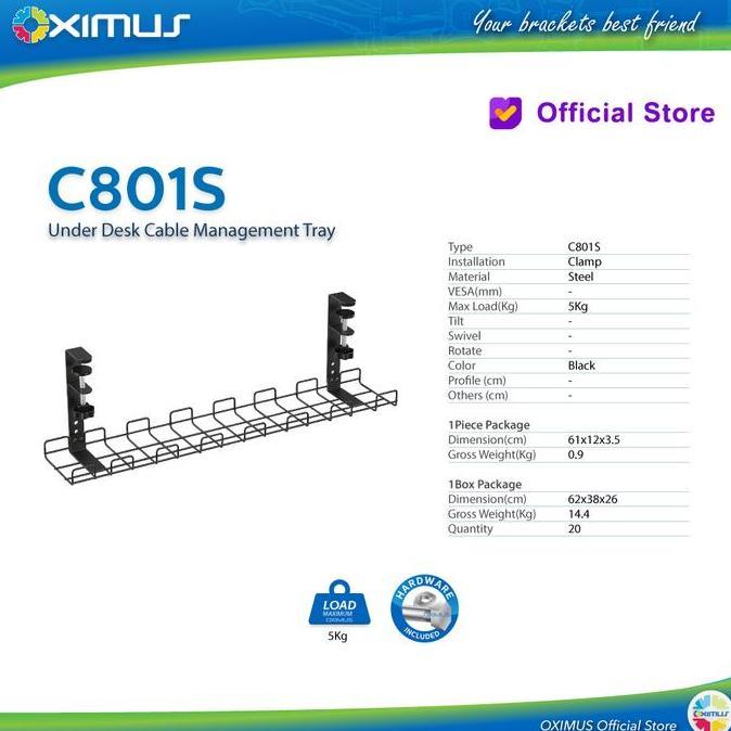 Oximus C801 Compact Clamp-On Under-Desk Cable Management Tray Rak Kabel Meja Jepit Tanpa Bor, Pemasa