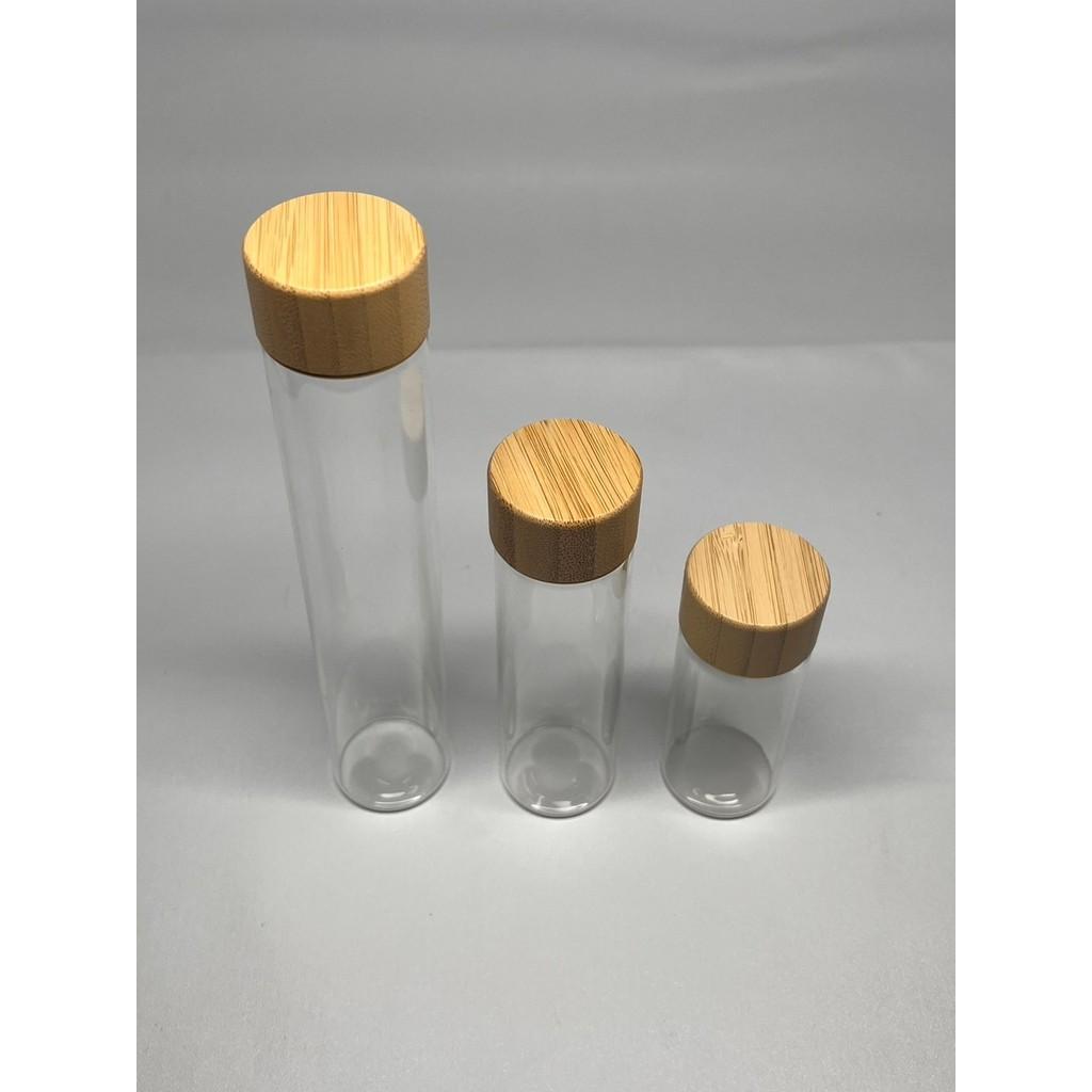 Tabung Kaca / Botol Kaca / Gelas Kaca / Tabung Sampel / Tutup Kayu / Kaca Bening
