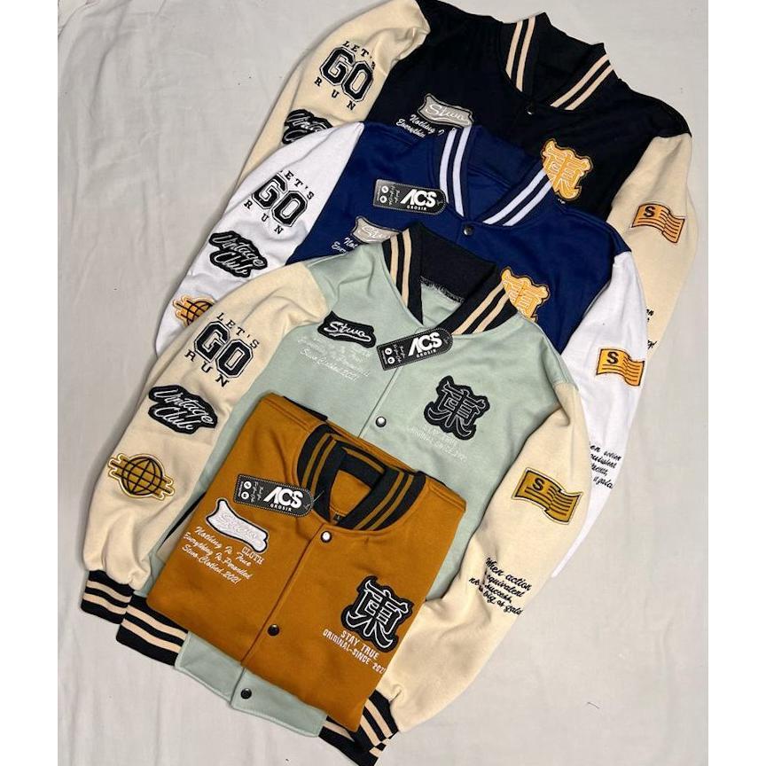 OFFICIAL Jaket Varsity Base Ball Full Bordir Lengan Panjang Bahan Fleece Tebal Adem