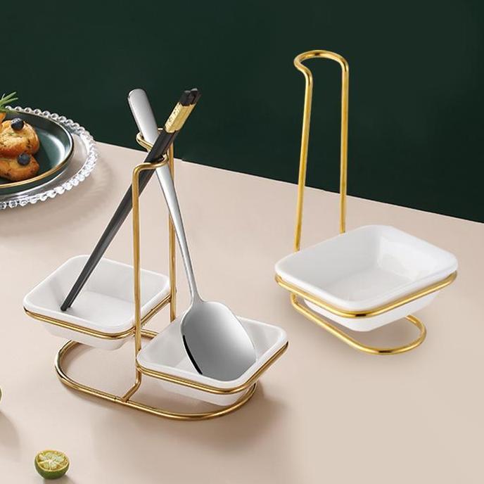 COLOCAS Ladle Soup Holder Stainless Steel Spatula Dengan Mangkuk Keramik Ladle Soup Holder Emas Temp