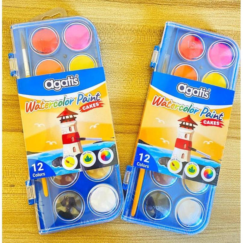 Diskont Cat Air Agatis 12 Warna Watercolor Paint Pc-C-1201 Set Alat Lukis Mewarnai Bonus Kuas Anak S