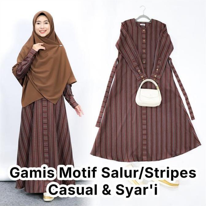 Gamis Motif Salur Vintage Bahan Semi Wool Premium Casual Desain Kancing Batok & List Horizontal