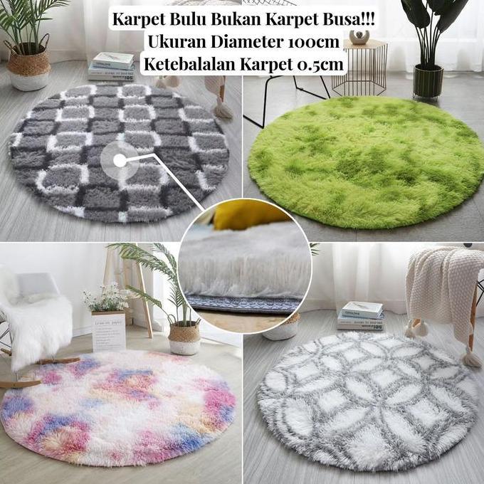 Karpet Bulu Bulat Motif & Ombre Diamater 100cm/Karpet Bulu Lantai Bulat Ambal Busa
