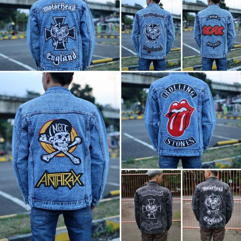 Diskon Jaket Jeans Denim Bordir Emblem Pria / Jaket Jeans Bordir Besar  - Sandwash Biru Bordir