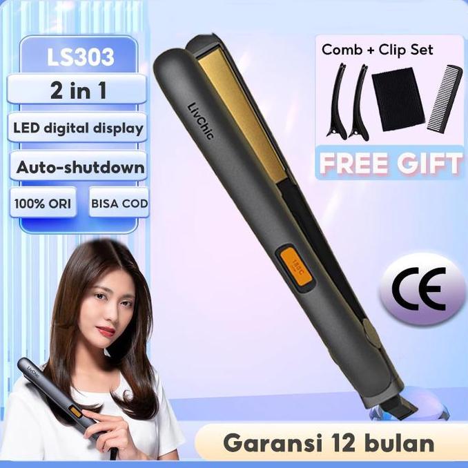 LivChic 2IN1 Catok Rambut untuk Meluruskan dan Keriting LS303 Merah Catokan Sisir