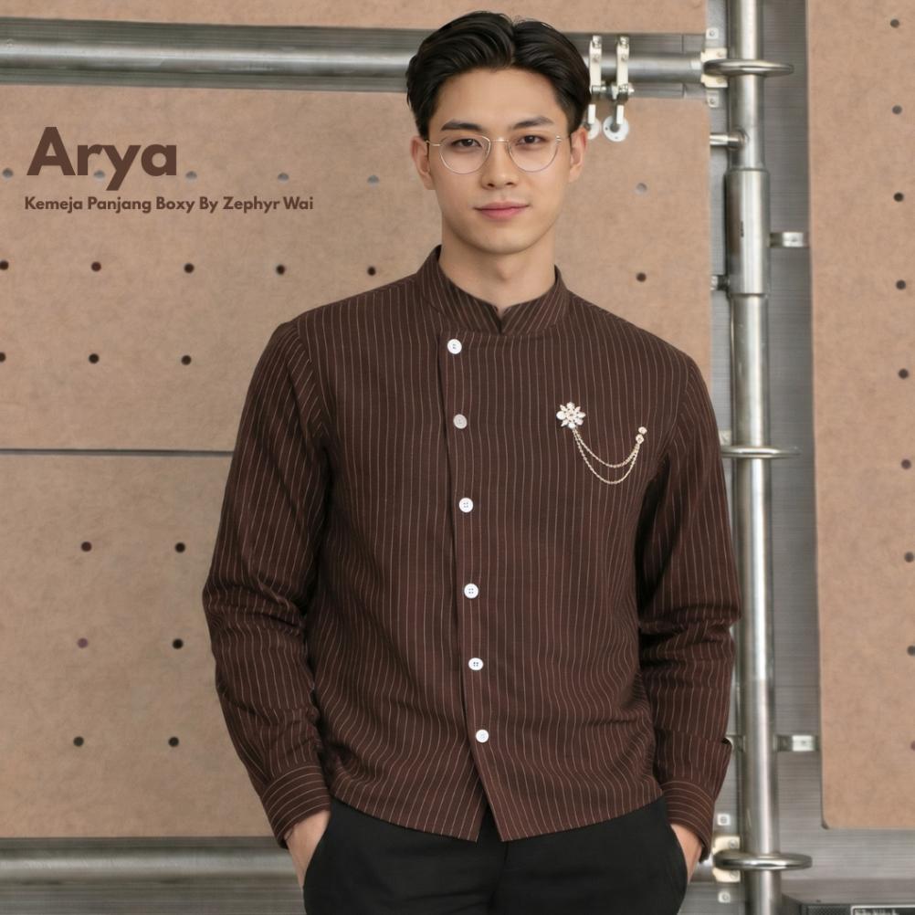hemat arya - beskap koko kemeja boxy lengan panjang moderen baju formal stripe pria raya lebaran und