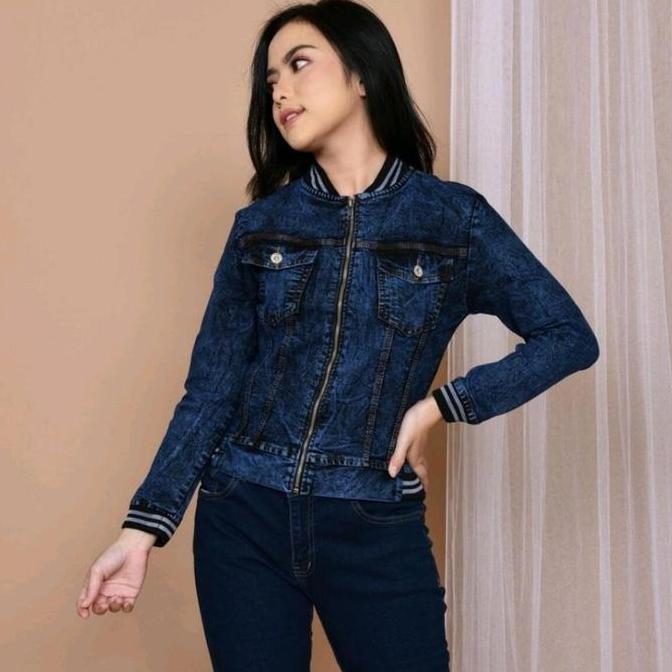 BELI Jaket Jeans Wanita Terbaru Jumbo Bomber Snow Resleting Denim Stretch Cewek Tangan Panjang Outer