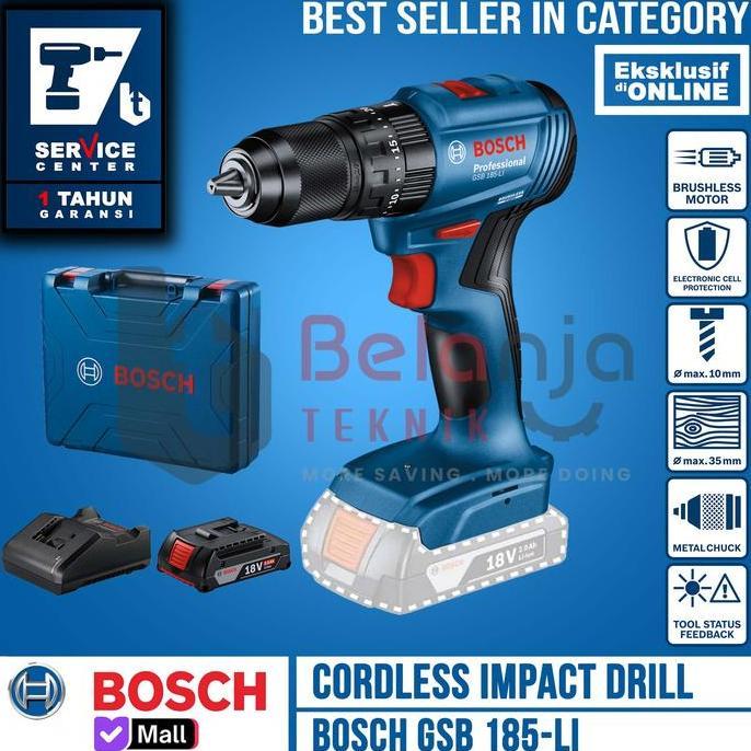 Bng- Bosch Mesin Bor Baterai Gsb 185-Li 18V Cordless Impact Drill Torsi 21/50 Nm Motor Tanpa Sikat B