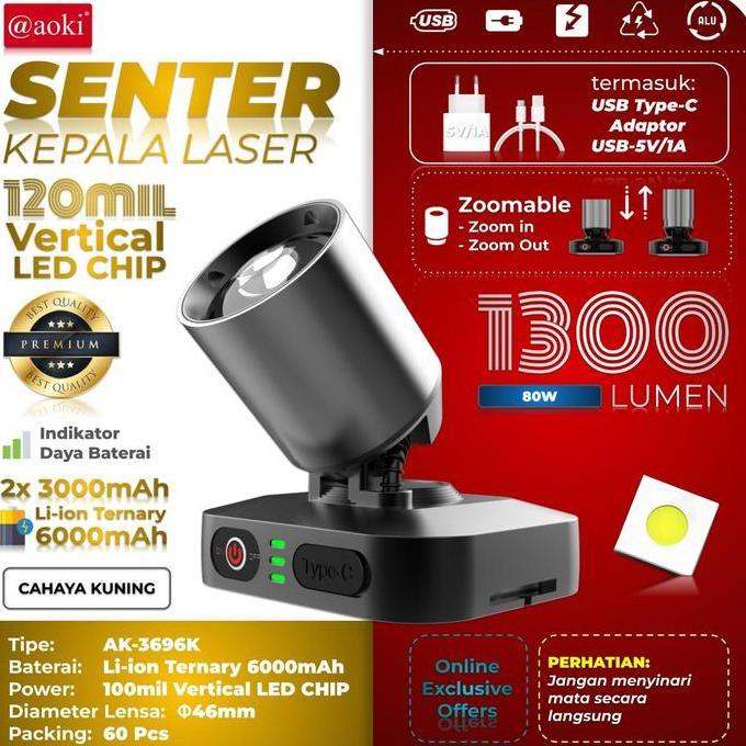 Trg- New- Senter Kepala Led Laser Aoki Ak-3695A 80Tt 1300 Lumen Dengan Baterai 6000Mah -Zoom Jarak J