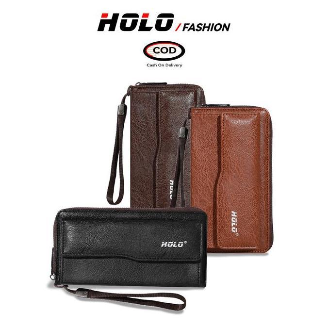 HOLO Dompet Pria Kulit Premium Dompet Panjang Dompet Hp Dan Uang Kapasitas Tinggi Dompet Lipat Hitam