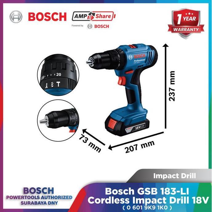 Bosch GSB 183-LI Impact Drill 13mm Mesin Bor Impact 18V Set 2 Baterai 2.0Ah + Charger + Koper | GSB 