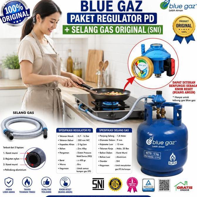 PAKET HEMAT Regulator PD+Selang BLUE GAZ ORIGINAL (SNI) I Regulator Ada Meteran dan Selang Gas 1.8 M