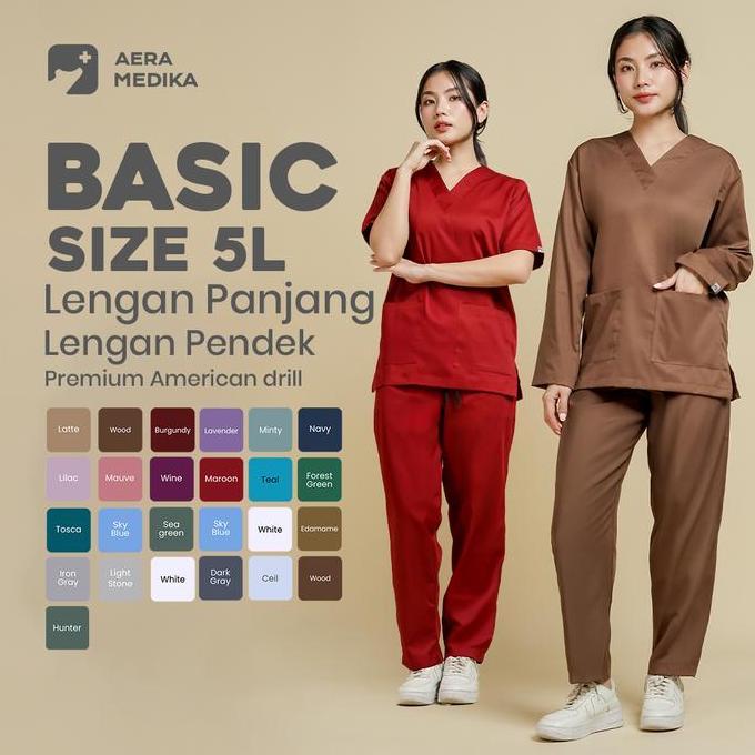 AERAMEDIKA - 5L Basic Scrub / Baju Jaga / Baju Medis / Seragam Oka / Scrub / klinik Setelan Lengan p