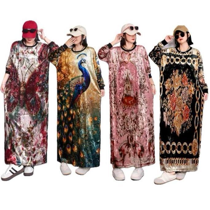 Pilihan - Long Dress Velvet Bludru Lengan Panjang Motif Jumbo Wanita