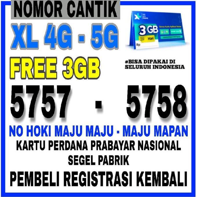 Card - Xl Nomor Cantik Hoki 5757-5758 Maju Maju-Maju Mapan Prabayar 4G Lte Support 5G Free 3Gb Kuota