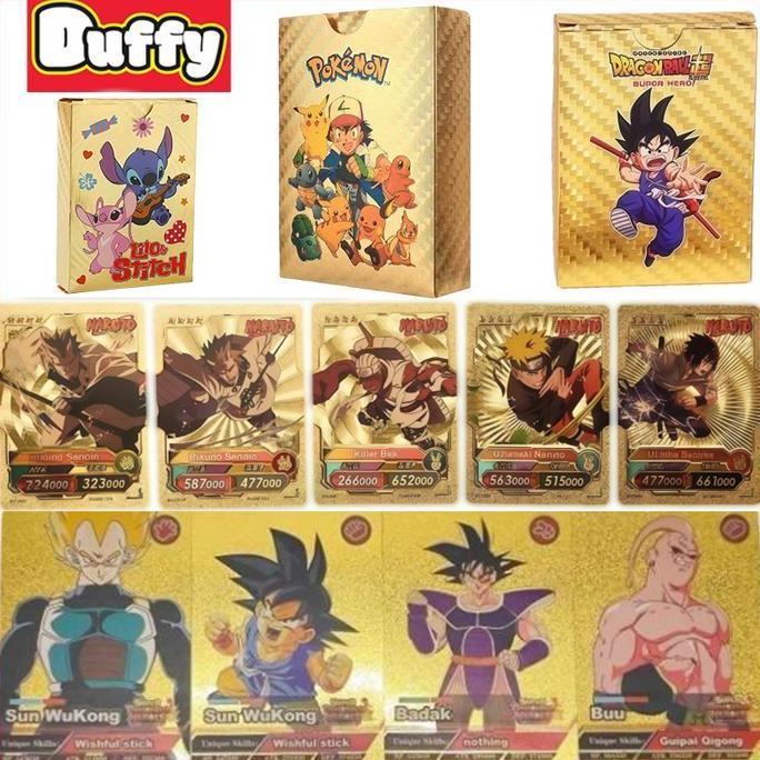 55Pcs Mainan Peliharaan Elf Kartu / Dragon Ball / Naruto / Hitam Emas Perak Kartu Pokemon / Mon Char