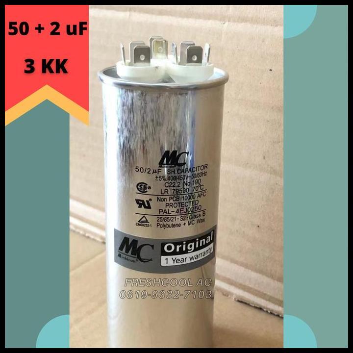 Terlaris Kapasitor Ac / Capacitor Ac Lg 3 Kaki Merk Mc 50/2 Uf (50/2 Mikro) Good Quality