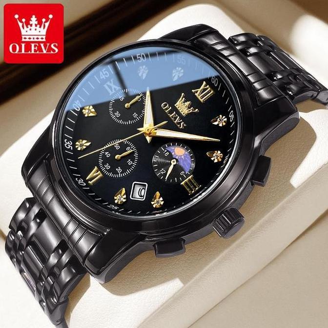 Clock- Olevs Jam Tangan Pria Anti Air Tahan Led Sport Analog Chronograph Stainless Steel Tches Men W