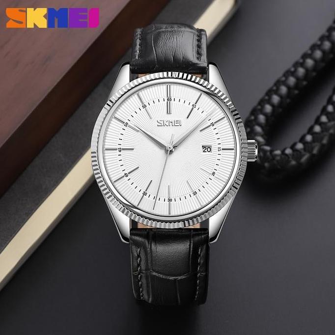 Clock- Jam Tangan Pria Analog Tali Kulit Skmei 9298