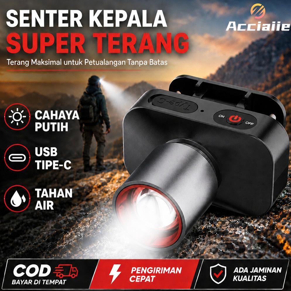 Acciaiie Senter Kepala Super Terang Anti Air Senter Kepala Zoom 1000 Lumen