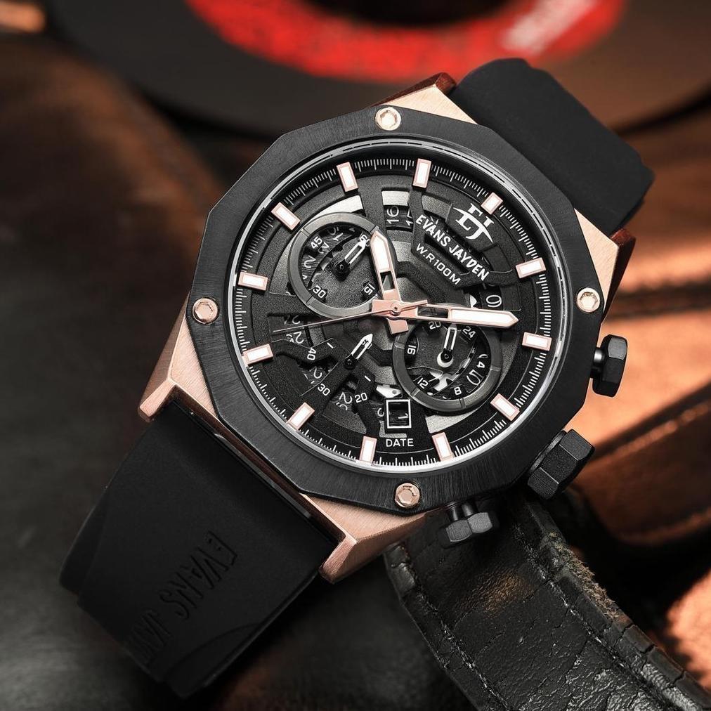 Wajib Punya [ Diskon ] Evans Jayden Jam Tangan Pria 9583 Rubber Kaca Safir Chrono 10 Atm