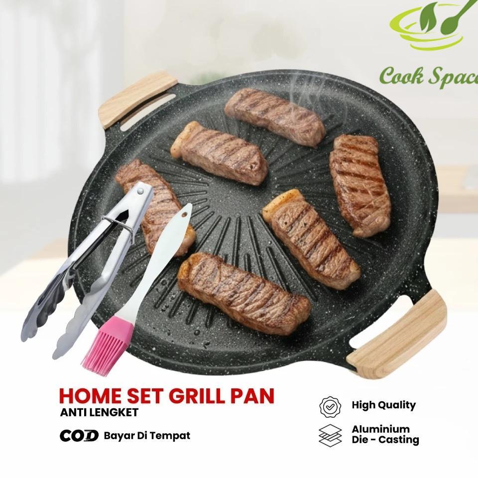 Set Grill Pan Dan Kompor Portablea Wooden Handle Alat Panggangan Bbq Grill Pan Set Grill Pan Anti Le