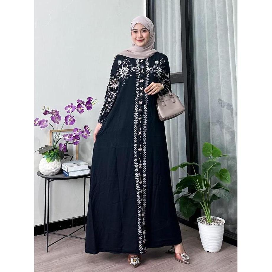 Arsy- Naya Batik - Gamis Twill Terbaru Pekalongan Cap Malaman Bukan Sablon Motif Garis Hitam Manis D