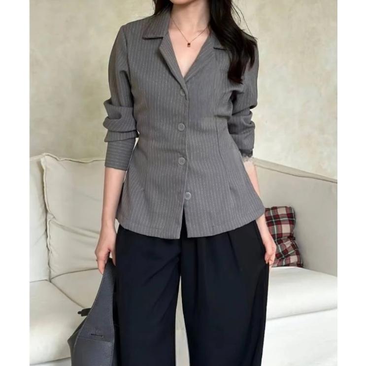 NEW PRODUCT Esme Blazer - Fitted Stripe Shirt Blazer Semi Wool Atasan Wanita Lengan Panjang blazer f