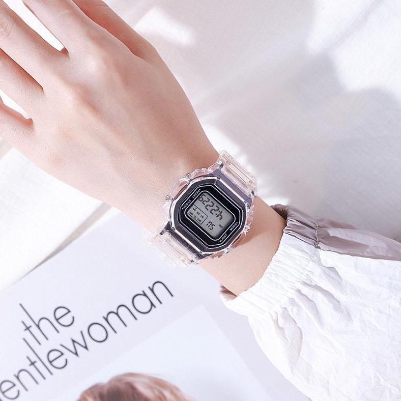 official baj jam tangan pria wanita analog digital transparan square dial couple watch jf059