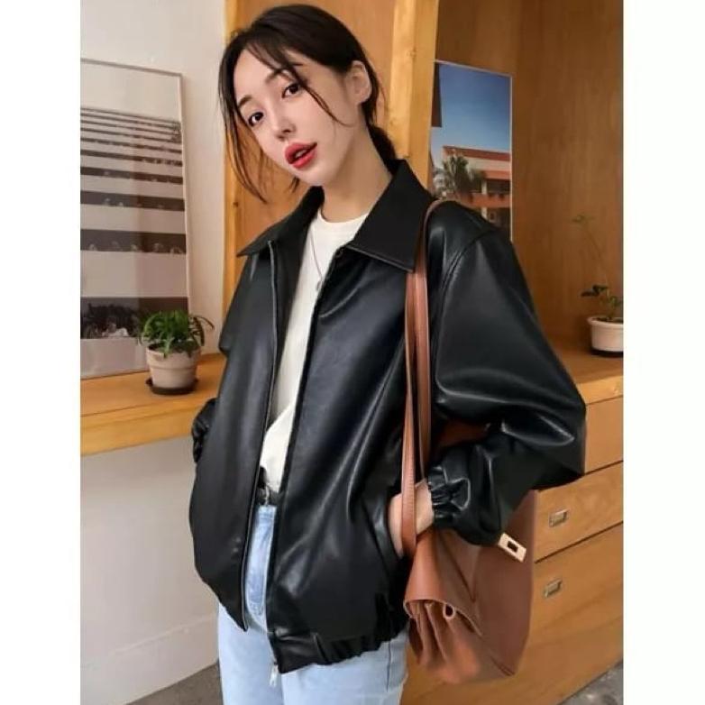 BESTPROMO Jacket Kulit Bomber Kerah Wanita Jaket Bomber Kulit Kerah Casual