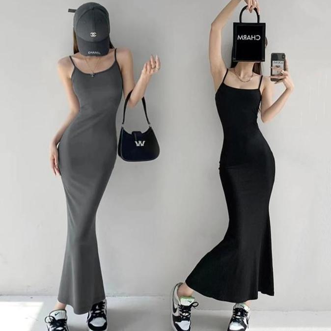khaefashionDR002 Long Dress Slim Fit Square Neck Sleeveless Panjang Tanpa Lengan (Size S-XL)