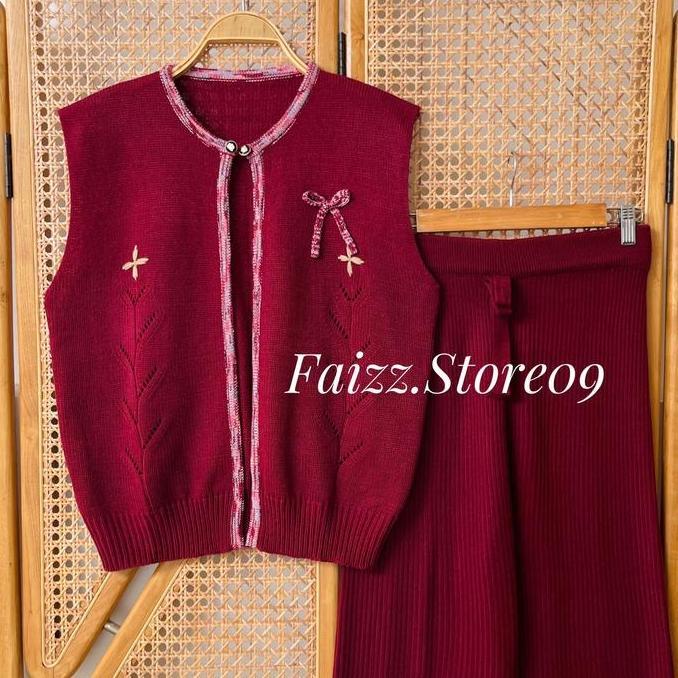 Oneset Moon Vest Rompi Rajut Kancing Motif Pita Lucu Setelan Celana Kulot Premium Wanita Kekinian