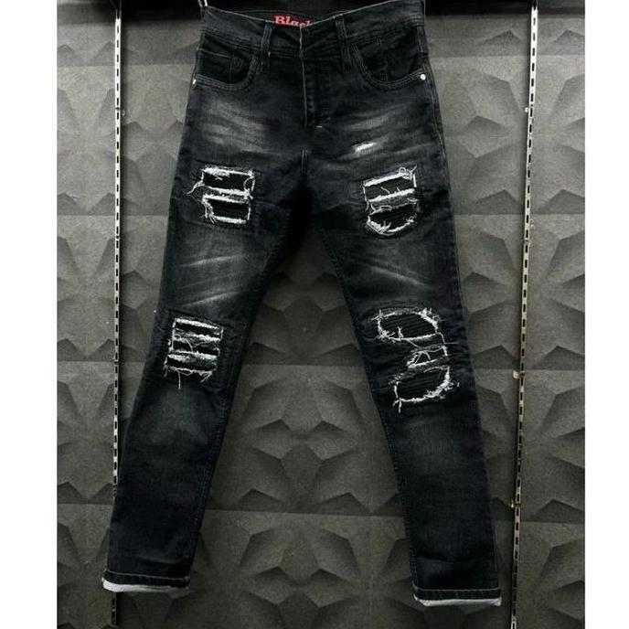 Celana Jeans Pria Sobek Rucas Premium | Celana Jeans Rucas Hitam Sobek Lutut Denim Slimfit