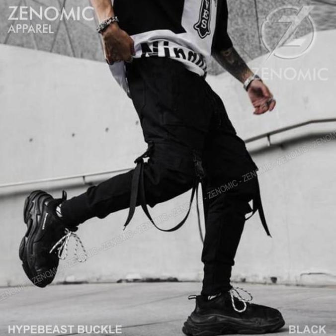 Celana Hypebeast Techwear Zenomic Bucke Black Cargo Jogger Pria BTS