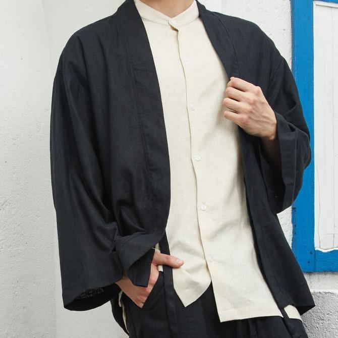 REMEDY Kimono Outer Linen Pria Lengan Panjang Casual Warna Hitam - Black Takumi Linen Outer