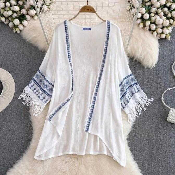 Baju Luaran Wanita Outer Kimono Boho Bohemian Putih L Tassel Cream And White