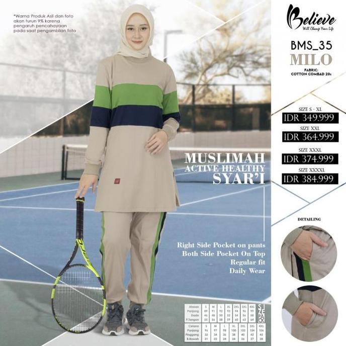 BELIEVE BMS 35 Hijab Sportwear / Setelan Baju Celana Olahraga Wanita Muslimah / OUTFIT Joging Tenis 