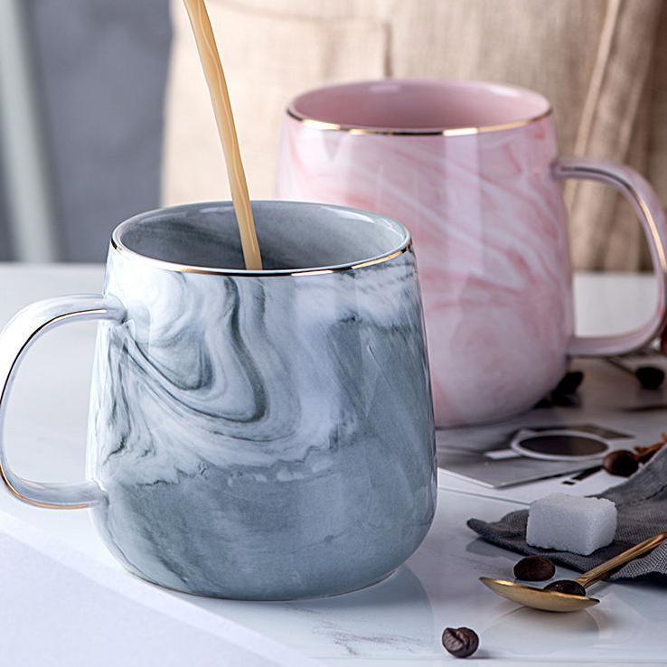 Ashome Gelas Minum Keramik Motif Marble Abu & Pink List Gold Elegant / Ceramic Mug Marble List Gold 