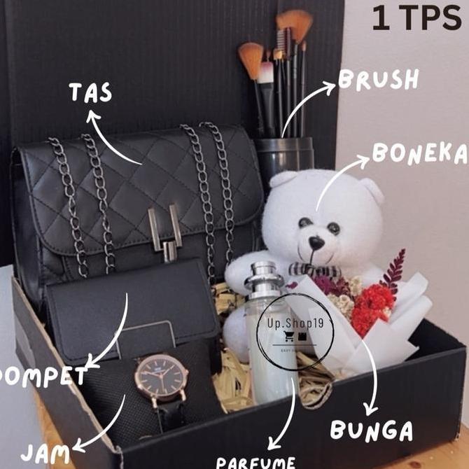 (TPS) KADO ULANG TAHUN CEWEK - TAS SLING BAG HITAM, BRUSH MAKEUP, DOMPET HITAM EKSKLUSIF, JAM, BONEK