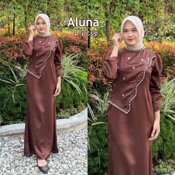 Dress Aluna Satin Silk Viral Full Payet Mutiara Gamis Pesta Wanita Kekinian OOTD Lebaran
