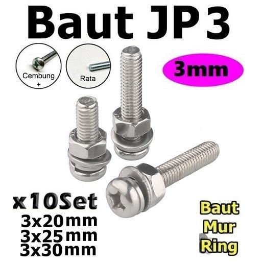 x30 Set Baut Mur Ring M3 x 20mm 25mm 30mm JP3 3mm M3x20mm M3x25mm 3x30