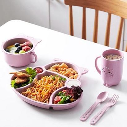 SET Tempat Makan Anak Gambar Kucing Pink Lucu Perlengkapan Makan Bayi
