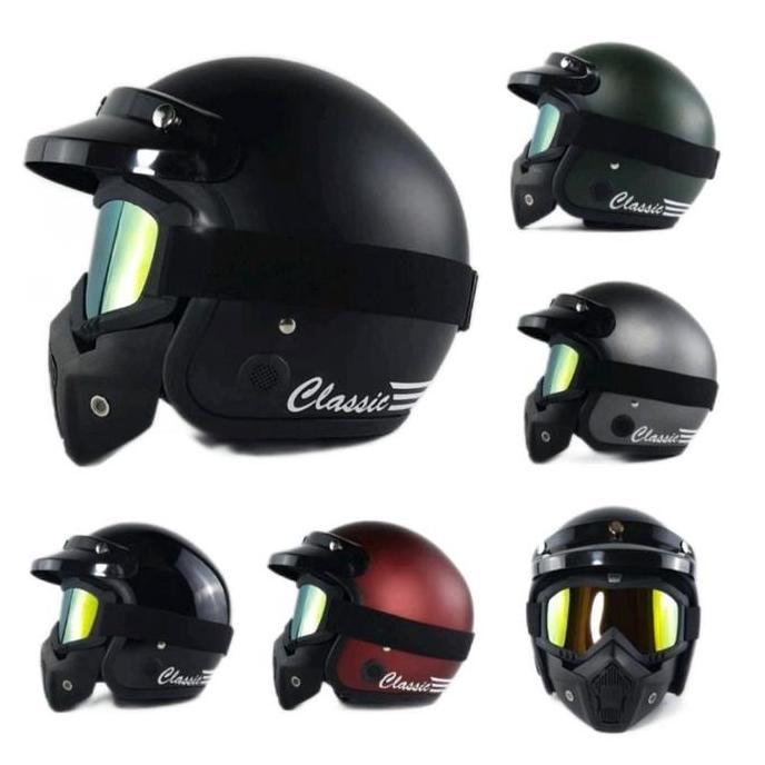 Helm Retro Google Mask Kaca Mata - Helm Motor Cafe Racer Japstyle Vespa SNI Dewasa Cewek Cowok Keren