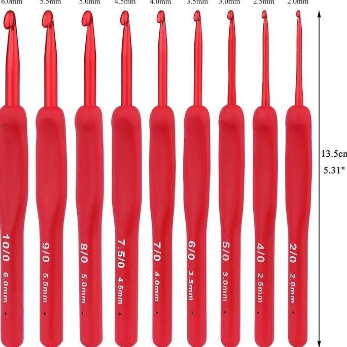 BLANCHENAM 9pcs/set Hakpen Red Non Tulip / Jarum Rajut Hakpen Handle Karet Crochet Set Red / Jarum R