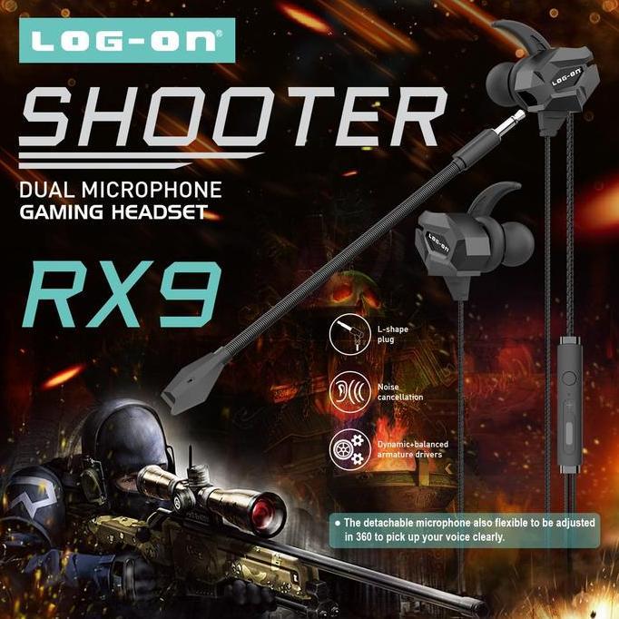 LOG ON HEADSET GAMING DUAL MICROPHONE LO-RX9 SHOOTER Handsfree/Earphone Komputer Earphones Earphone 
