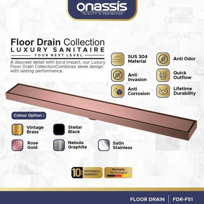 Onassis Floor Drain SUS 304 FDR-F51 Anti Bau & Serangga, Mekanikal 10 Tahun Afur Lantai
