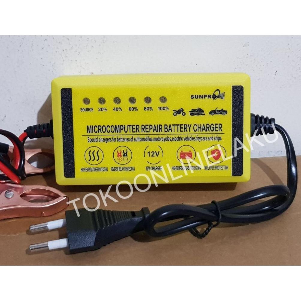 Pengisi Daya Aki Sunpro 12V 2A / Charger Aki  Mobil, Motor, Aman, dan Hemat Energi
