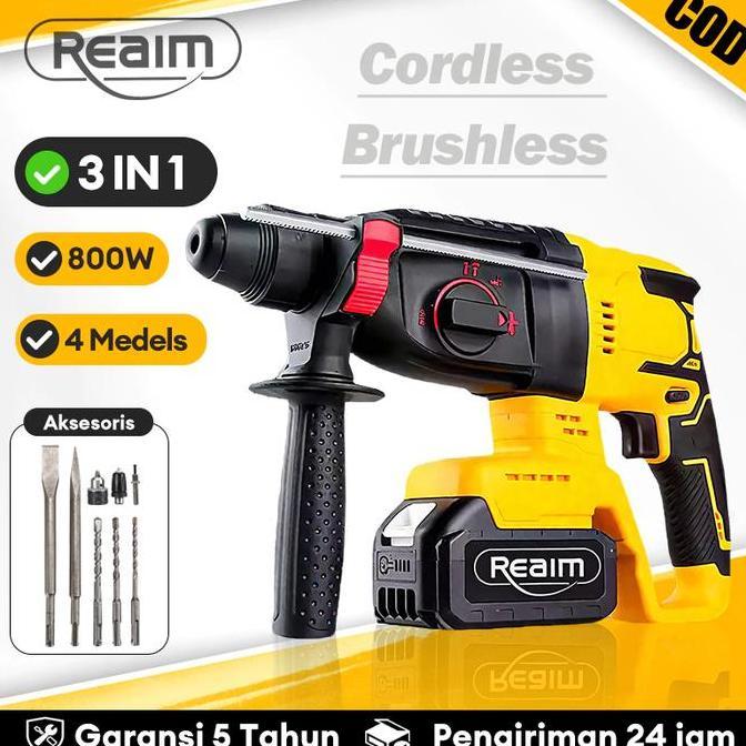 REAIM 3 MODE Cordless Brushless Rotary Hammer Impact Drill Electric Rechargeable Portable Powertool 